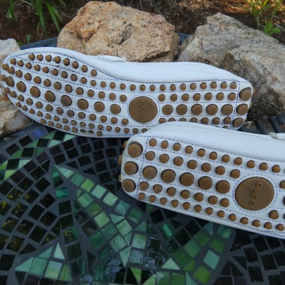 Gucci Men's Loafers Drivers White Size 10 Web Stripe Horsebit Tayma Goat Leather - Picture 11 of 11